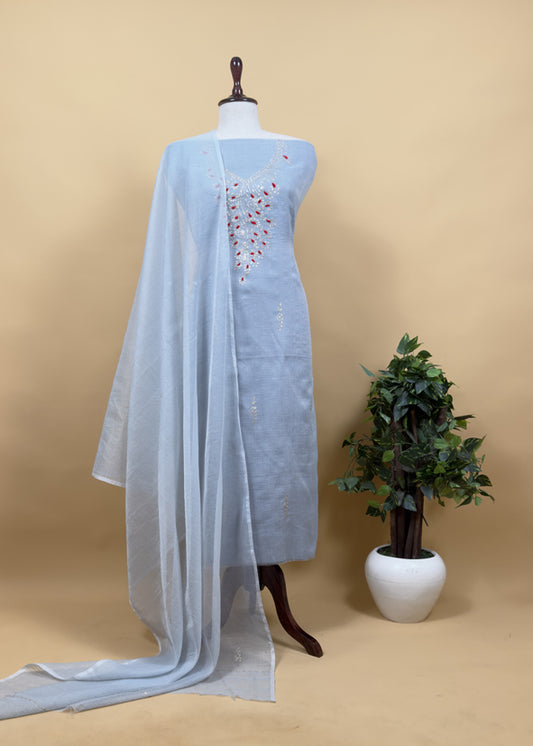 Steel Blue Kota Doria Dupatta Suit With Pitta Work