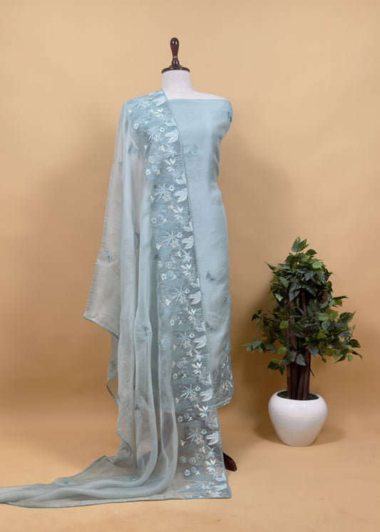 Iceberg Blue Pure Kora Silk Suit With Parsi Embroidery