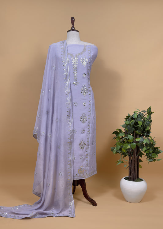 Lavender Handloom Mul Chanderi Suit With Gold Pitta Hand Work And Embroidery