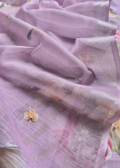 Purple Linen Unstitched Suit With Digital Print