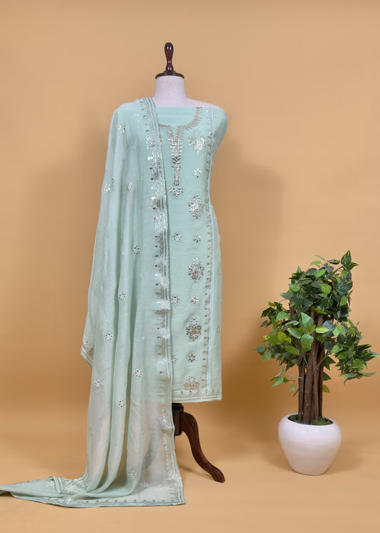 Pastel Green Handloom Mul Chanderi Suit With Gold Pitta Hand Work And Embroidery