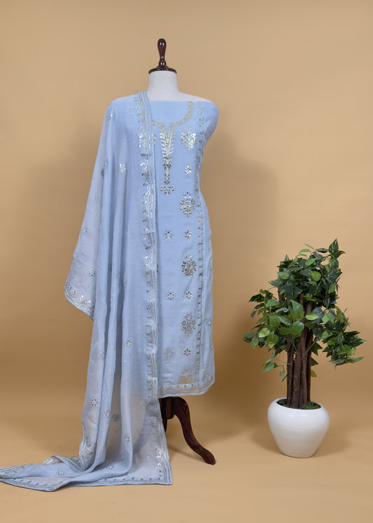 Powder Blue Handloom Mul Chanderi Suit With Gold Pitta Hand Work And Embroidery