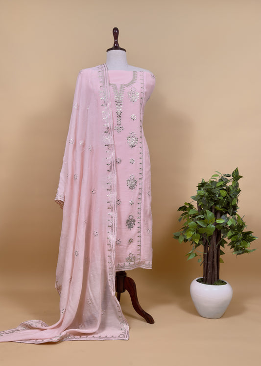 Flamingo Pink Handloom Mul Chanderi Suit With Gold Pitta Hand Work And Embroidery