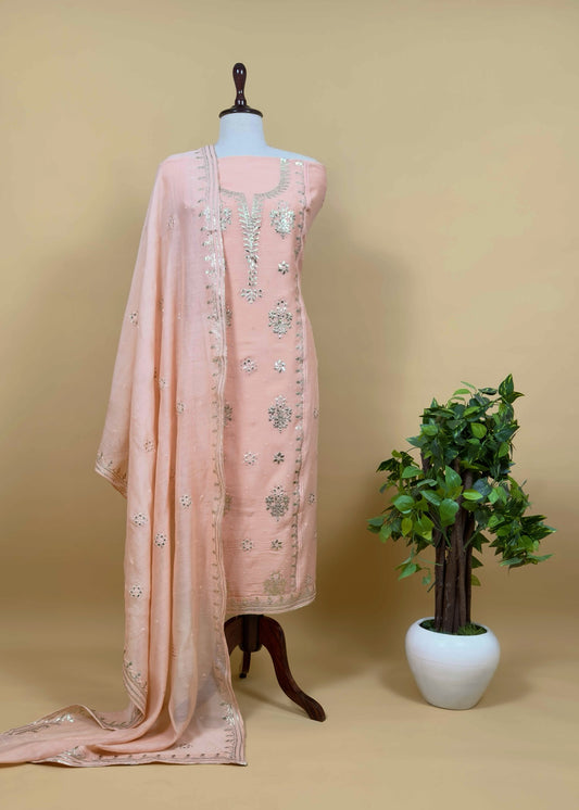 Peach Blush Handloom Mul Chanderi Suit With Gold Pitta Hand Work And Embroidery