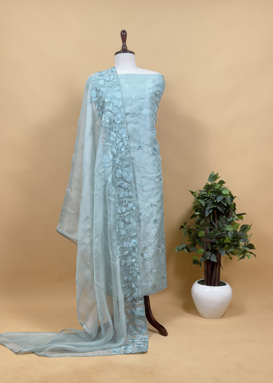 Powder Blue Pure Handwoven Organza Three-Piece Suit With Parsi Embroidery