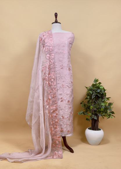 Purple Pure Handwoven Organza Three-Piece Suit With Parsi Embroidery