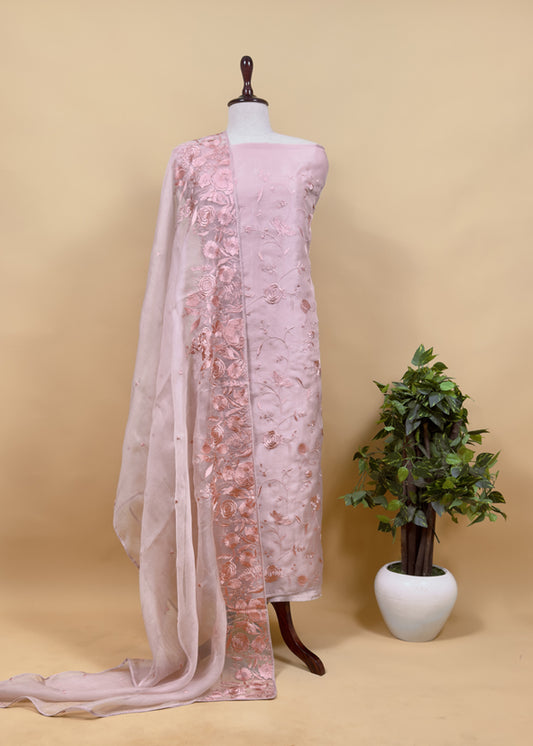 Pastel Pink Pure Handwoven Organza Three-Piece Suit With Parsi Embroidery
