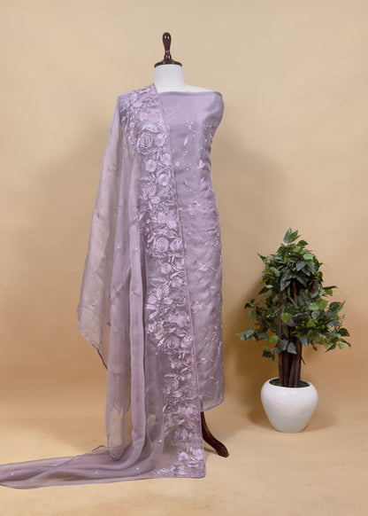 Purple Pure Handwoven Organza Three-Piece Suit With Parsi Embroidery