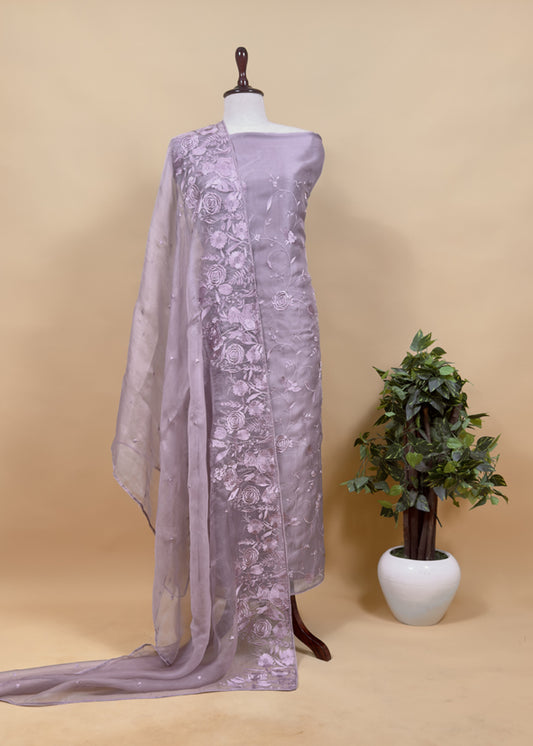 Purple Pure Handwoven Organza Three-Piece Suit With Parsi Embroidery