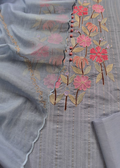 Steel Blue Embroidered Cotton Suit With Kota Dupatta