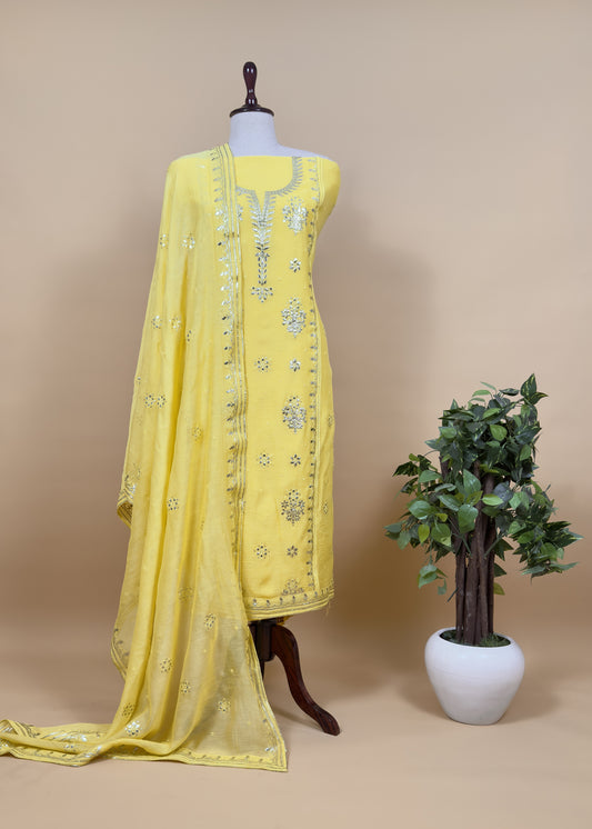 Sunshine Yellow Handloom Mul Chanderi Suit With Gold Pitta Hand Work And Embroidery