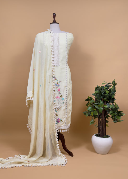 Light Yellow Designer Summers Pure Mul Suit With Crochet, Mirrors, Pitta Work And Hand Embroidery