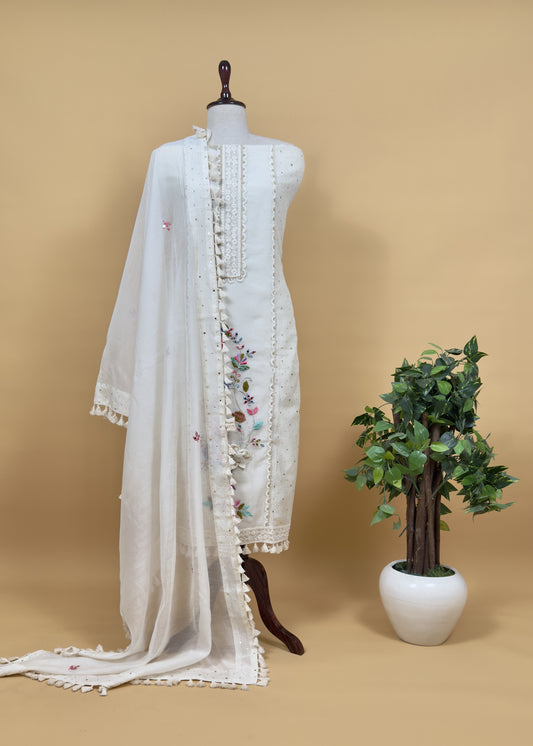 Off White Designer Summers Pure Mul Suit With Crochet, Mirrors, Pitta Work And Hand Embroidery