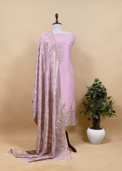 Pink Premium Kani Silk Suit With Kani Zari Weaving
