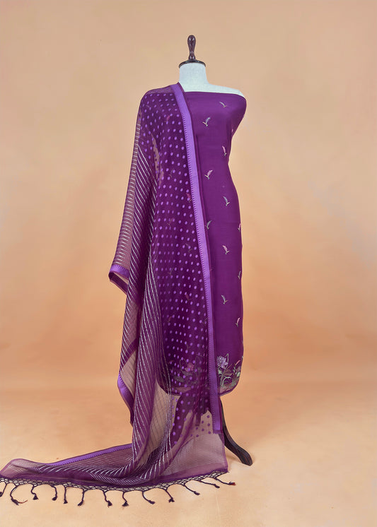 Purple Pure Mulmul Unstitched Suit With Kora Silk Dupatta