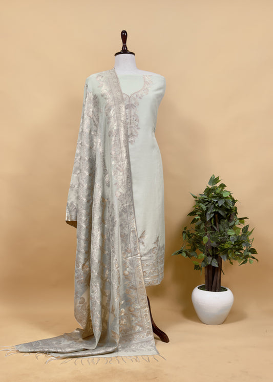 Squirrel Grey Premium Kani Silk Suit With Kani Zari Weaving