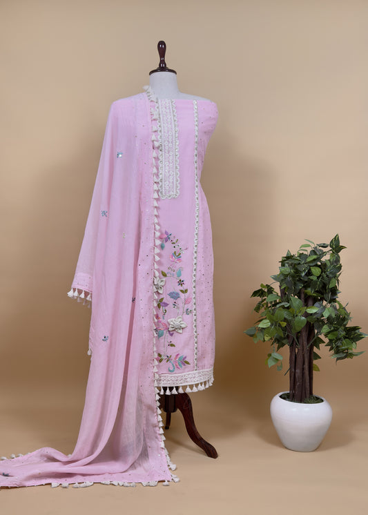 Light Pink Designer Summers Pure Mul Suit With Crochet, Mirrors, Pitta Work And Hand Embroidery