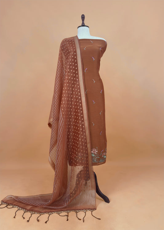 Brown Pure Mulmul Unstitched Suit With Kora Silk Dupatta