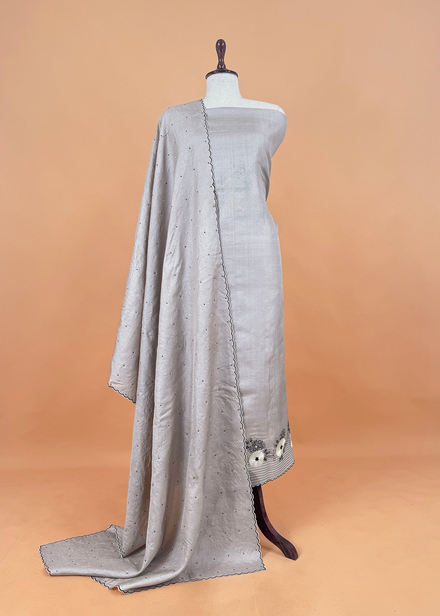 Mint Green Handloom Desi Tussar Unstitched Suit Fabric With Handwork