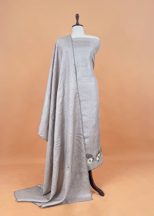 Formal Grey Handloom Desi Tussar Unstitched Suit Fabric With Handwork
