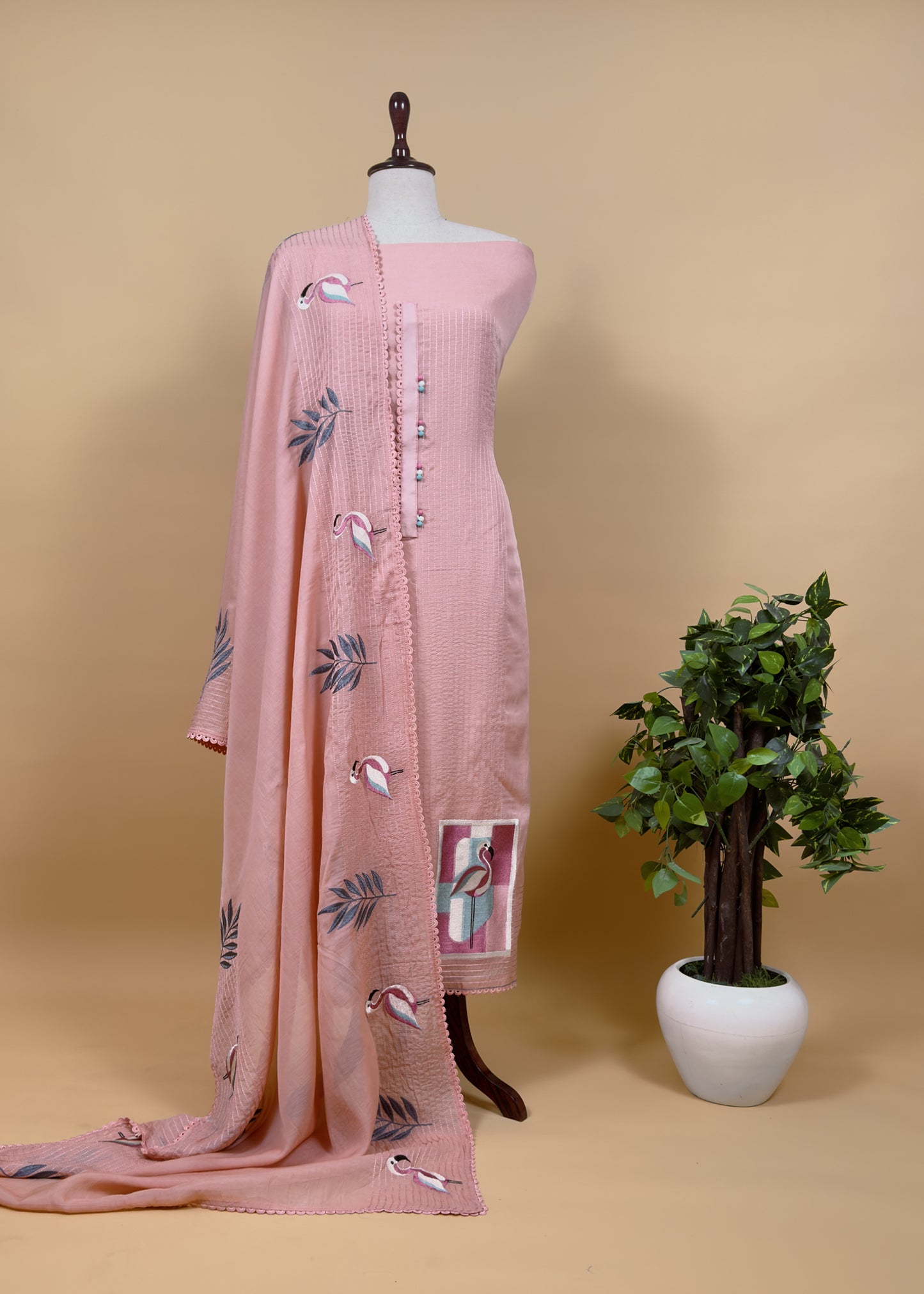 Mango yellow Summer Flamingo Tales Pure Mul Suit Fabric