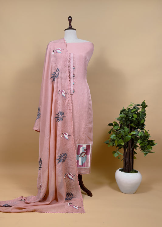 Blush Pink Summer Flamingo Tales Pure Mul Suit Fabric