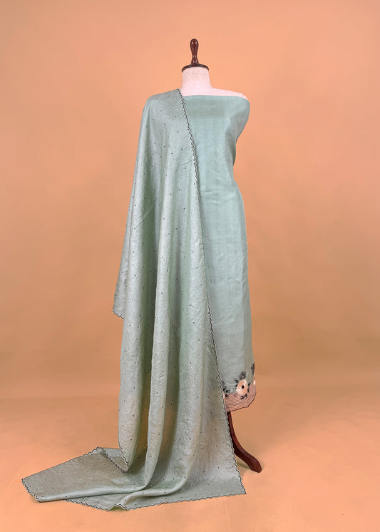 Mint Green Handloom Desi Tussar Unstitched Suit Fabric With Handwork