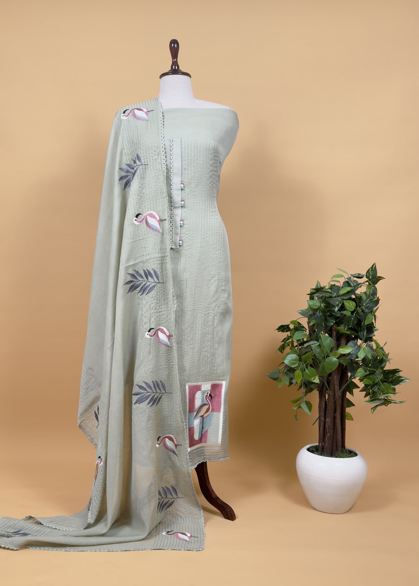 Mango yellow Summer Flamingo Tales Pure Mul Suit Fabric