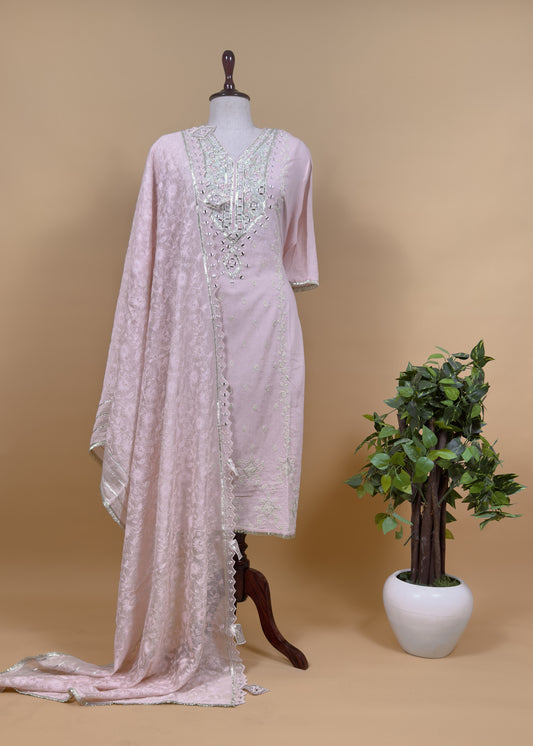 Baby Pink Pure Cotton Suit With Mirrors, Gota Patti And Dori Embroidery