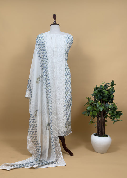 Blue Pure Mul Cotton Hand-block Print Suit With Gold And Resham Embroidery