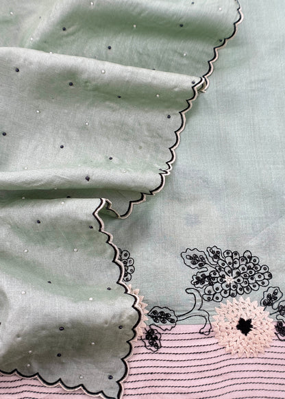 Mint Green Handloom Desi Tussar Unstitched Suit Fabric With Handwork