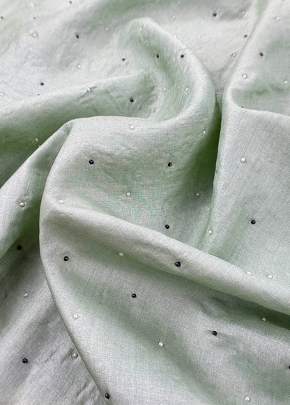 Mint Green Handloom Desi Tussar Unstitched Suit Fabric With Handwork