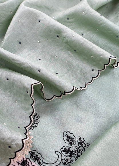 Mint Green Handloom Desi Tussar Unstitched Suit Fabric With Handwork