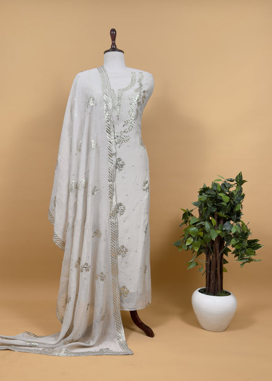 Chikoo Handloom Mul Chanderi Suit With Gold Pitta Hand Work