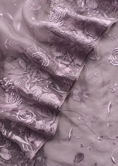 Purple Pure Handwoven Organza Three-Piece Suit With Parsi Embroidery