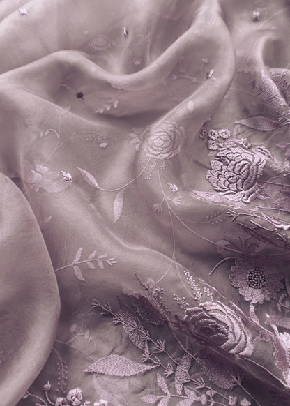 Purple Pure Handwoven Organza Three-Piece Suit With Parsi Embroidery