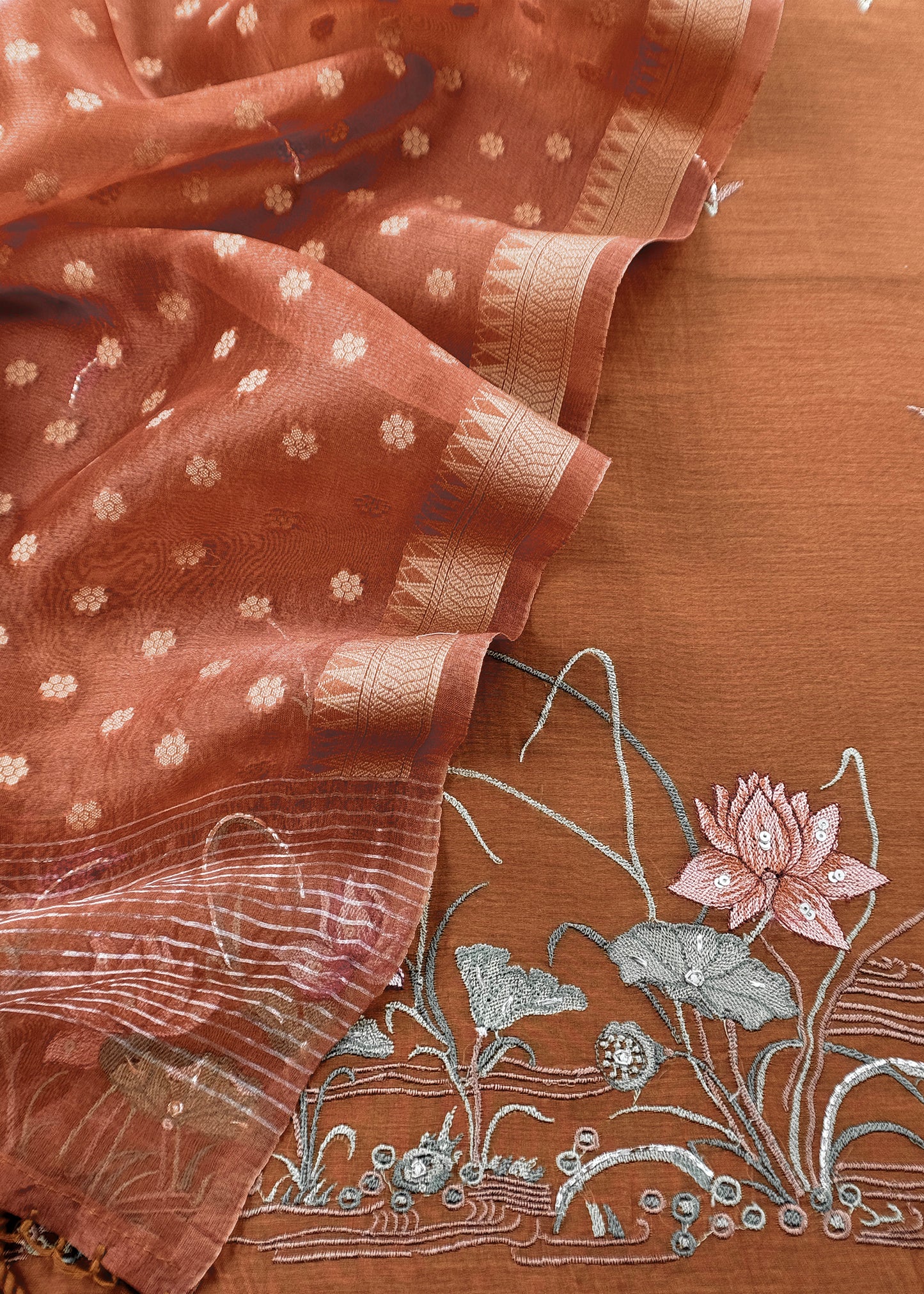 Brown Pure Mulmul Unstitched Suit With Kora Silk Dupatta