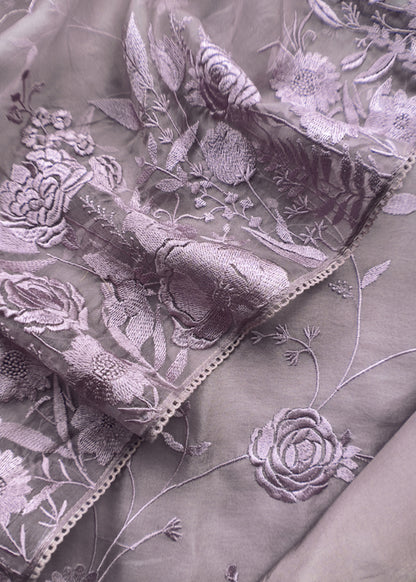 Purple Pure Handwoven Organza Three-Piece Suit With Parsi Embroidery