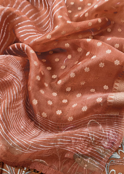 Brown Pure Mulmul Unstitched Suit With Kora Silk Dupatta