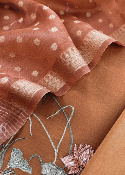 Brown Pure Mulmul Unstitched Suit With Kora Silk Dupatta