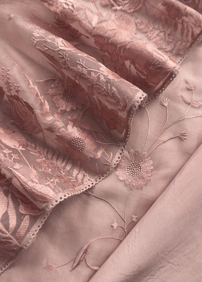 Pastel Pink Pure Handwoven Organza Three-Piece Suit With Parsi Embroidery