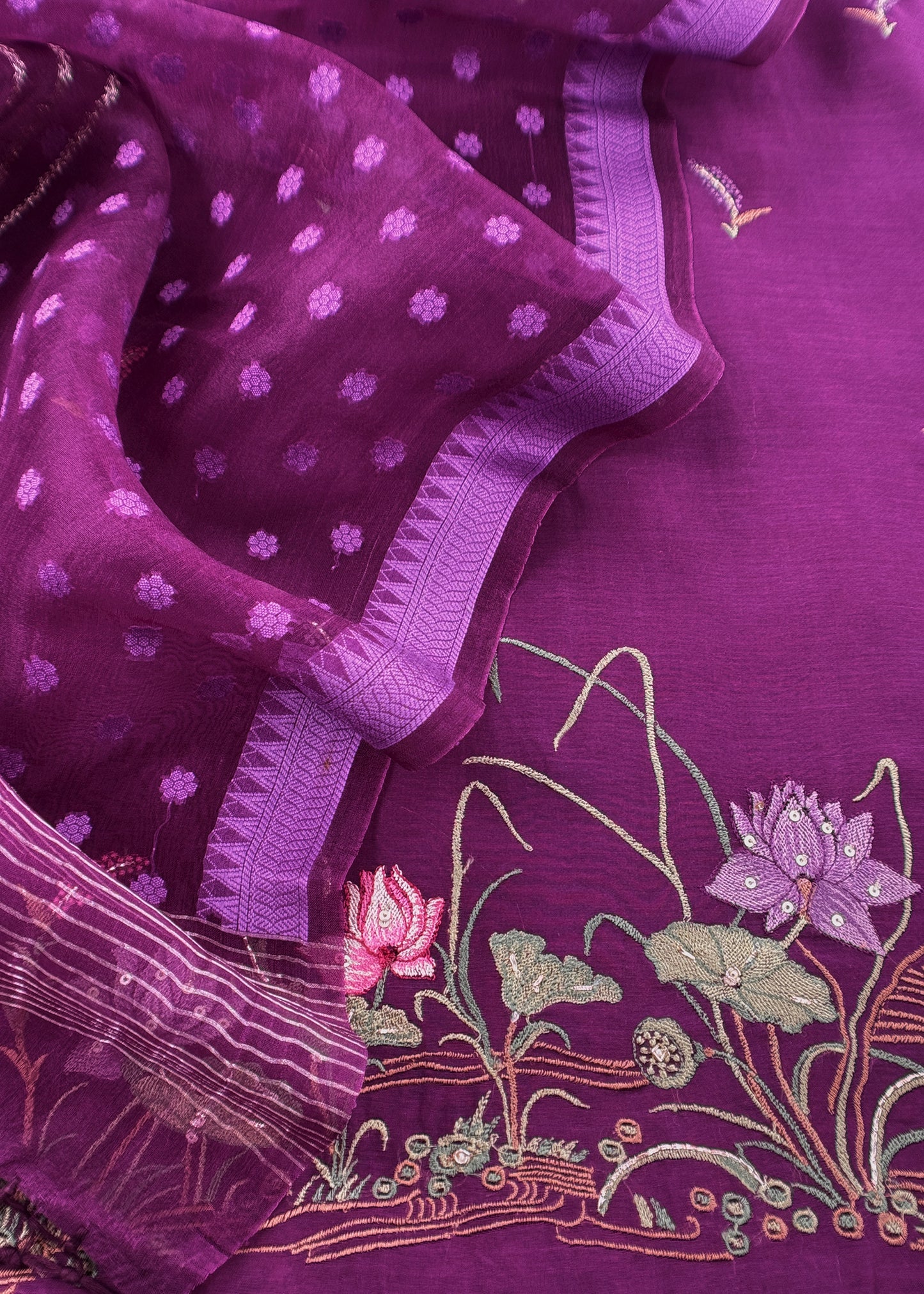 Purple Pure Mulmul Unstitched Suit With Kora Silk Dupatta