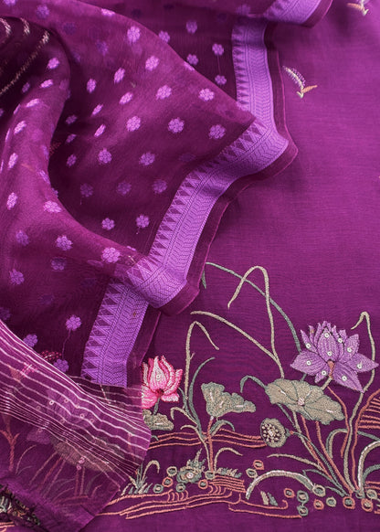 Purple Pure Mulmul Unstitched Suit With Kora Silk Dupatta