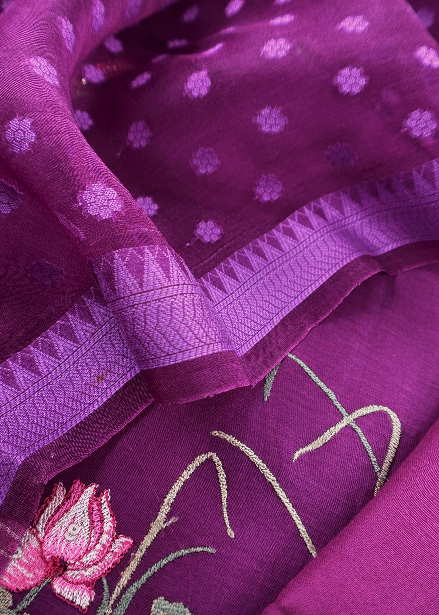 Purple Pure Mulmul Unstitched Suit With Kora Silk Dupatta