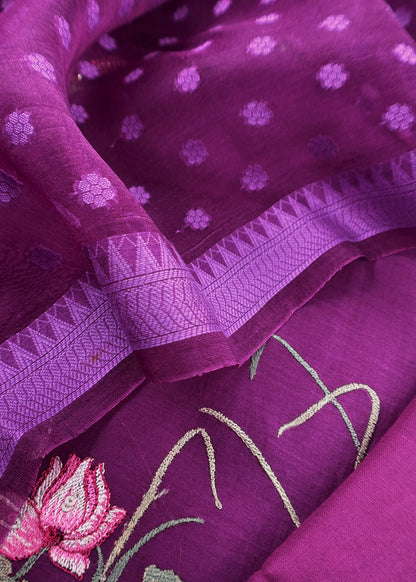 Purple Pure Mulmul Unstitched Suit With Kora Silk Dupatta