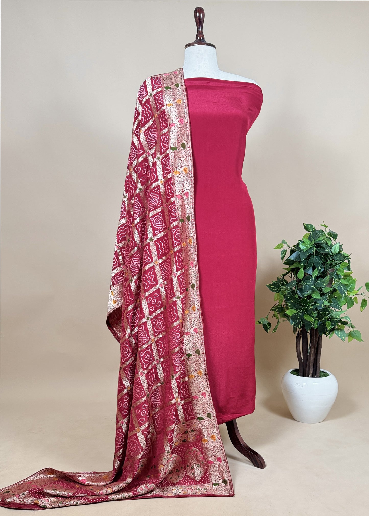 Red Chanderi Unstitched Kurta With Banarasi Bandhej Dupatta With Zari Weaving