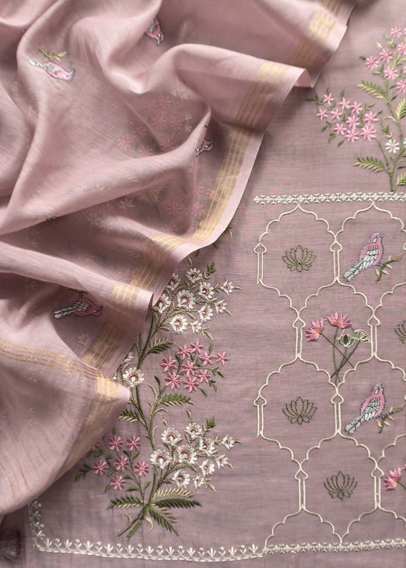 Pink Pure Mulmul Unstitched Suit Fabric With Rajput Jaipuri Resham Embroidery