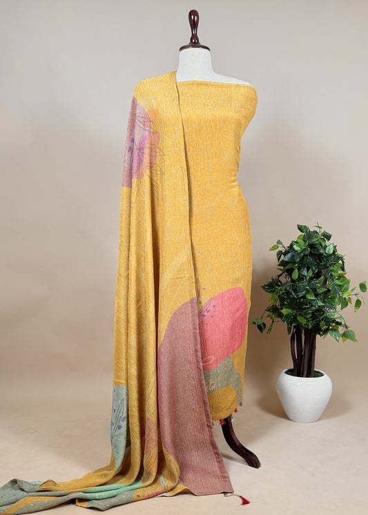 Yellow Pure Crushed Tissue-Silk Abstract Print Unstitched Dupatta Suit