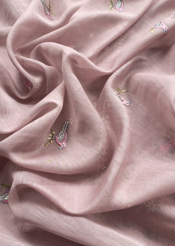 Pink Pure Mulmul Unstitched Suit Fabric With Rajput Jaipuri Resham Embroidery