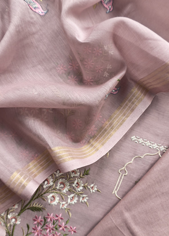 Pink Pure Mulmul Unstitched Suit Fabric With Rajput Jaipuri Resham Embroidery